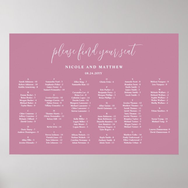 Affiche Plan de table de mariage alphabétique rose élégant (Devant)