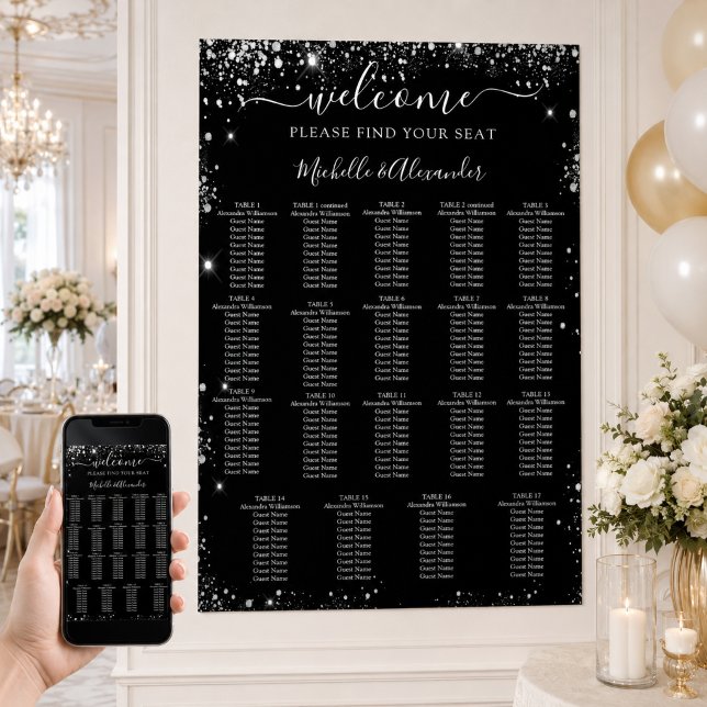 Affiche Plan de table de mariage argent noir 19 tables (Créateur téléchargé)