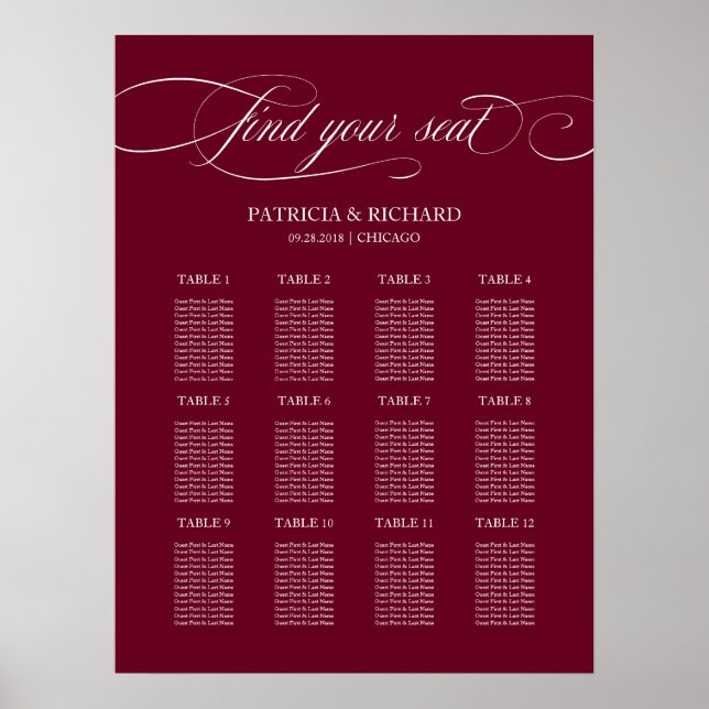 Affiche Plan de table de mariage au Bourgogne Marsala 12 T (Devant)
