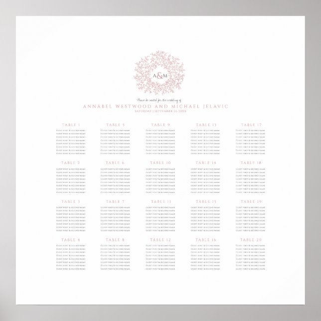 Affiche Plan de table de mariage au monogramme rose blush  (Devant)