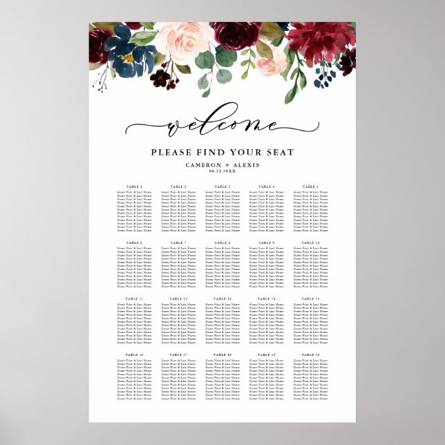 Affiche Plan de table de mariage automnal floral aquarelle (Devant)