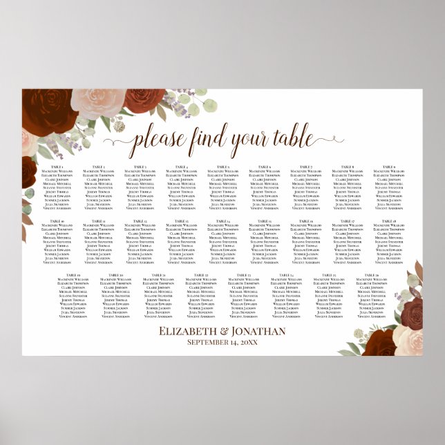 Affiche Plan de table de mariage automnal rustique avec ro (Devant)