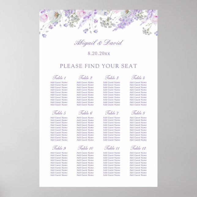 Affiche Plan de table de mariage aux fleurs de lilas (Devant)