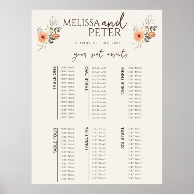 Affiche Plan de table de mariage aux fleurs sauvages (Devant)