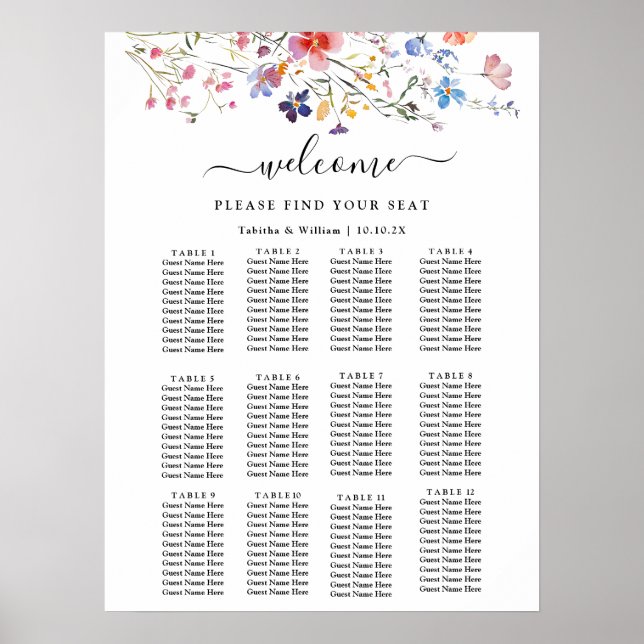 Affiche Plan de table de mariage aux fleurs sauvages Boho  (Devant)