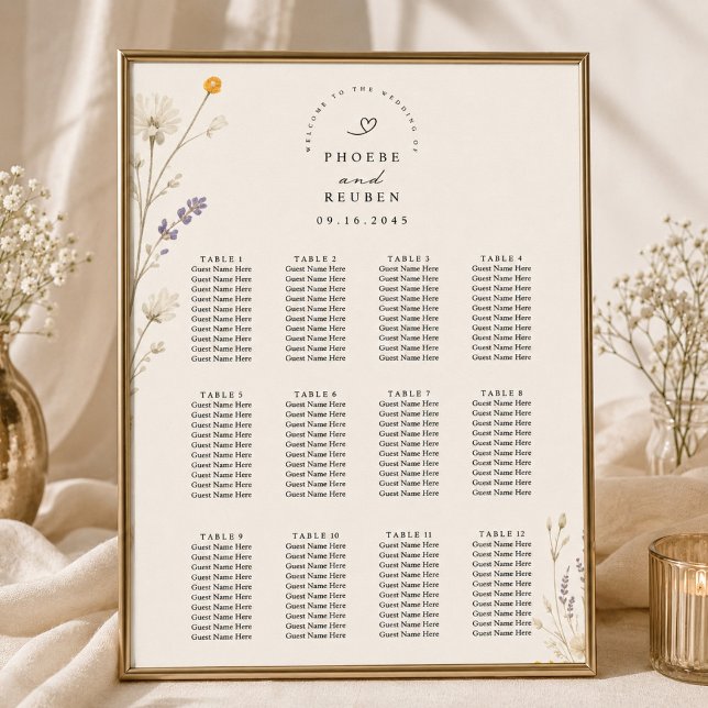 Affiche Plan de table de mariage aux fleurs sauvages éléga (Créateur téléchargé)