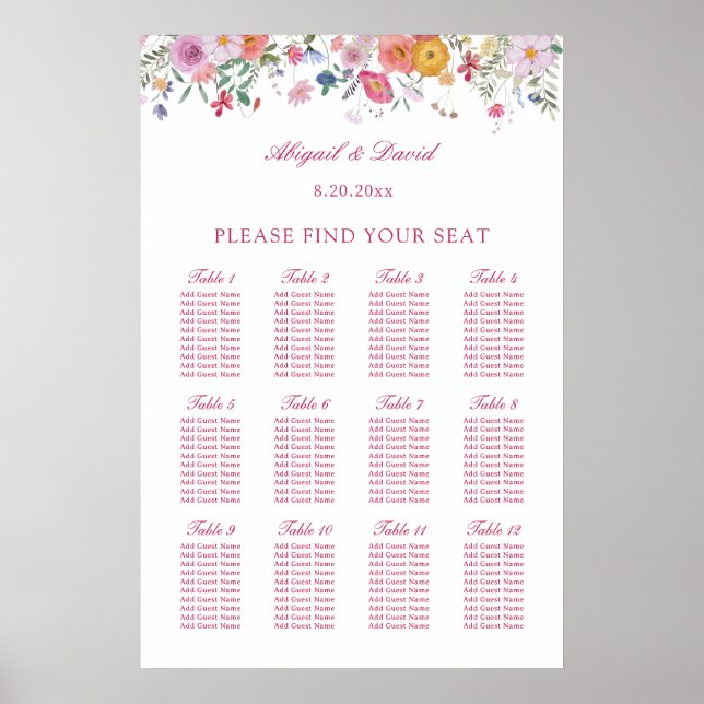 Affiche Plan de table de mariage aux fleurs sauvages fraîc (Devant)