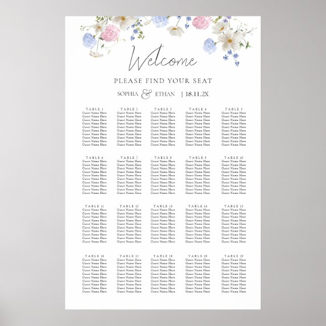 Affiche Plan de table de mariage aux fleurs sauvages viole (Devant)