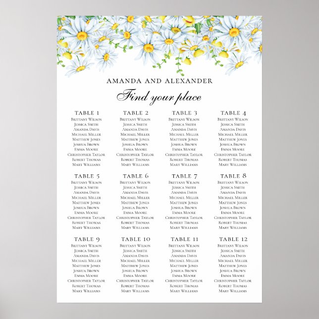 Affiche Plan de table de mariage aux marguerites. Fleurs c (Devant)