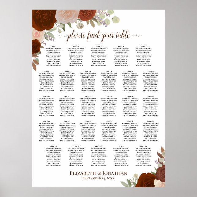 Affiche Plan de table de mariage aux roses automnales rust (Devant)
