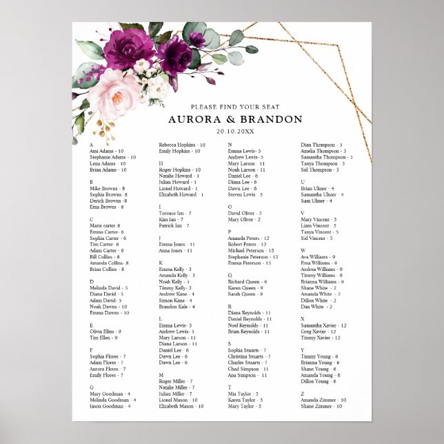 Affiche Plan de table de mariage aux roses roses blush pru (Devant)