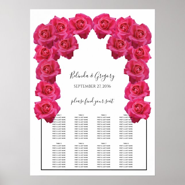 Affiche Plan de table de mariage aux roses roses rustiques (Devant)
