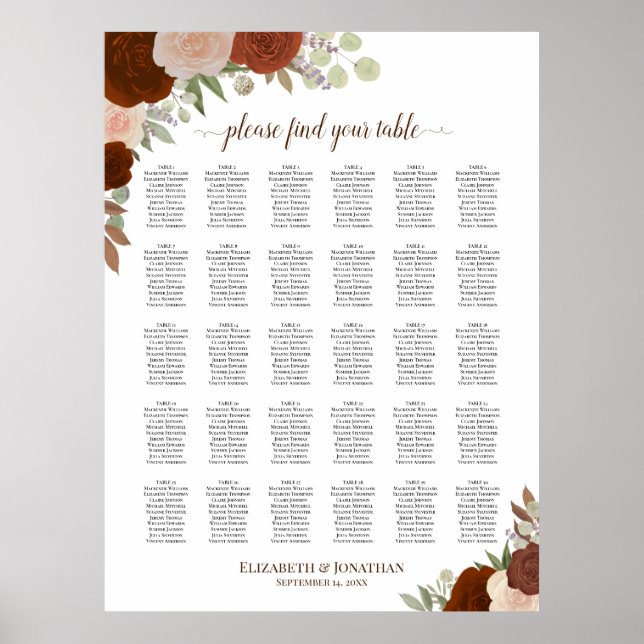 Affiche Plan de table de mariage aux roses rustiques d'aut (Devant)