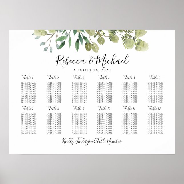 Affiche Plan de table de mariage avec 12 tables et verdure (Devant)