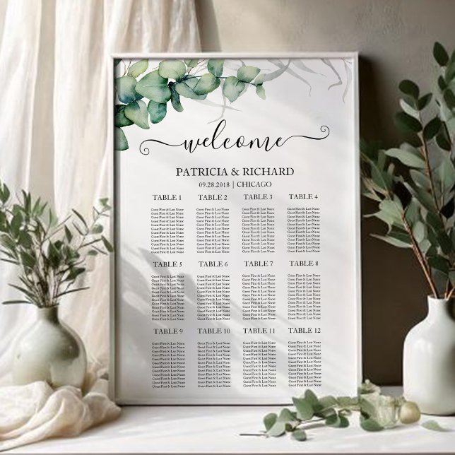 Affiche Plan de table de mariage avec 12 tables et verdure (Créateur téléchargé)