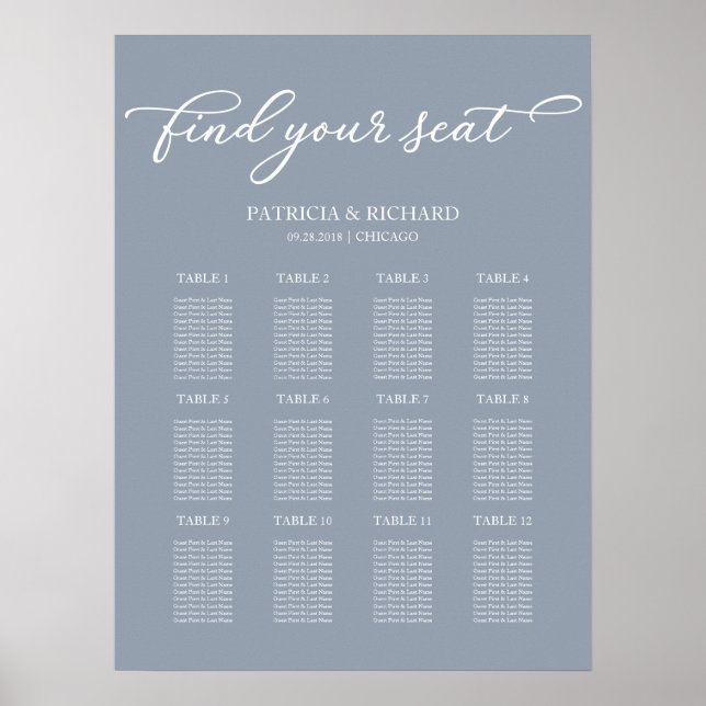 Affiche Plan de table de mariage avec 12 tables Panneau Bl (Devant)