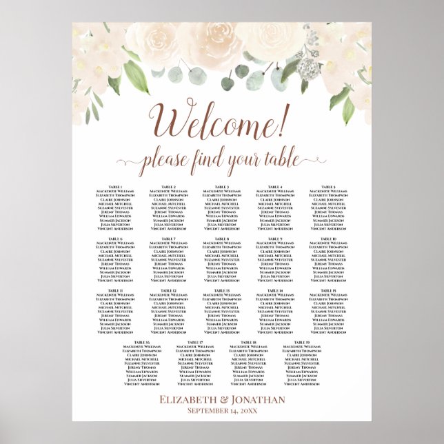 Affiche Plan de table de mariage avec 19 roses peach blush (Devant)