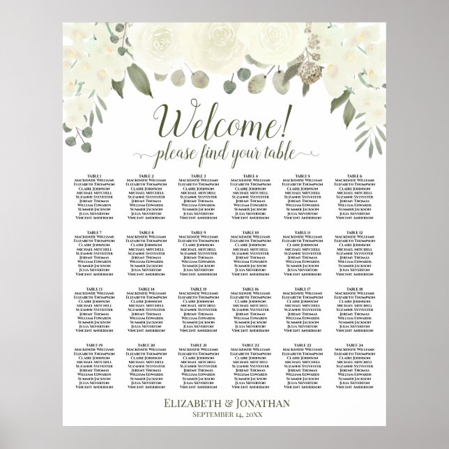 Affiche Plan de table de mariage avec 24 tables et  Roses  (Devant)