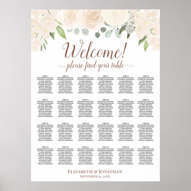 Affiche Plan de table de mariage avec 24 tables Roses Boho (Devant)