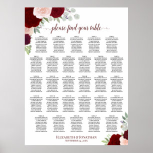 Affiche Plan de table de mariage avec 28 tables et roses r