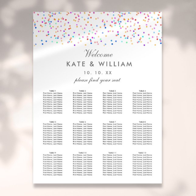 Affiche Plan de table de mariage avec confettis arc-en-cie (Rainbow Confetti Wedding Seating Plan Chart)