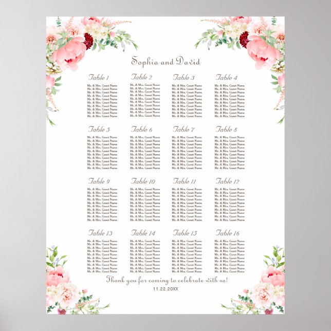 Affiche Plan de table de mariage avec des pivoines rose pâ (Devant)