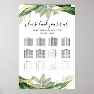 Affiche Plan de table de mariage avec feuilles de verdure