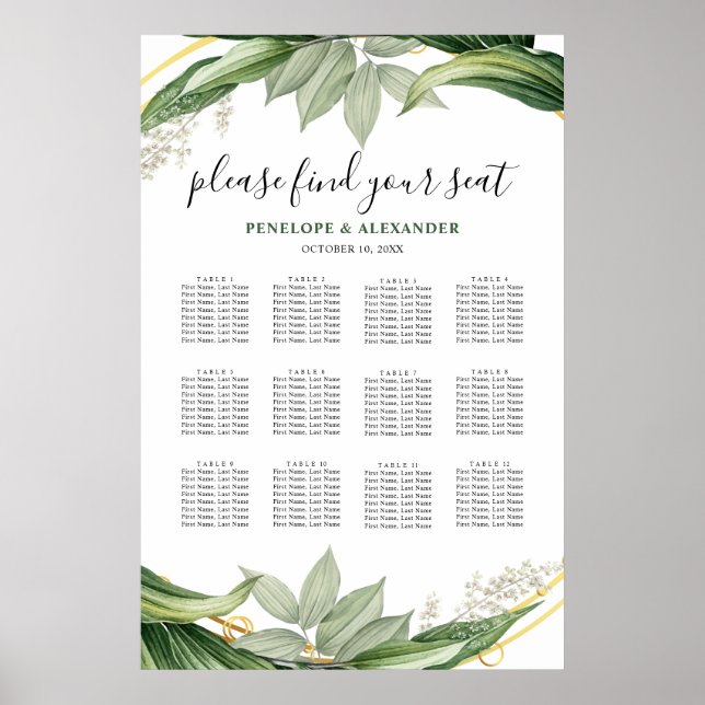 Affiche Plan de table de mariage avec feuilles de verdure  (Devant)