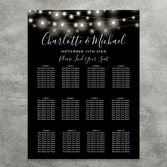 Affiche Plan de table de mariage avec guirlandes lumineuse (Black White String Lights Wedding Seating Chart)