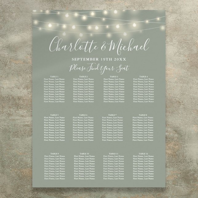 Affiche Plan de table de mariage avec guirlandes vert saug (Sage Green String Lights Wedding Seating Chart)