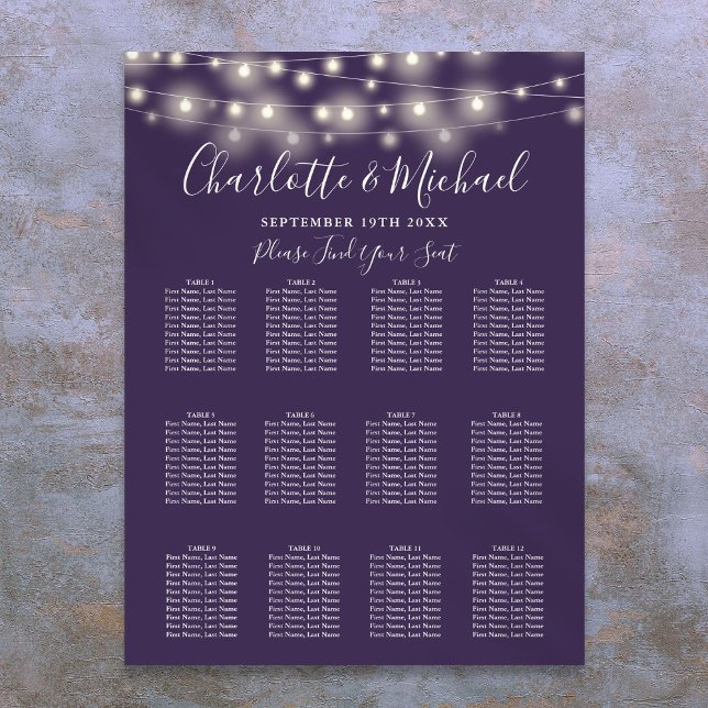 Affiche Plan de table de mariage avec guirlandes violettes (Purple String Lights Wedding Seating Chart)