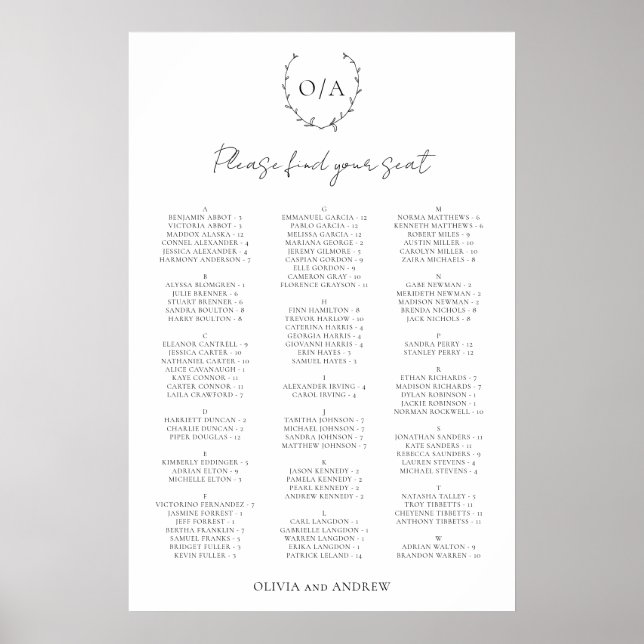 Affiche Plan de table de mariage avec monogramme en forme  (Devant)