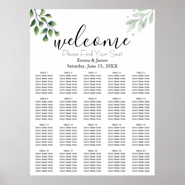 Affiche Plan de table de mariage avec verdure moderne (Devant)