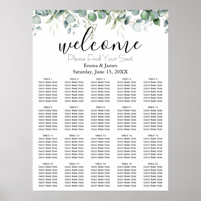 Affiche Plan de table de mariage avec verdure moderne (Devant)