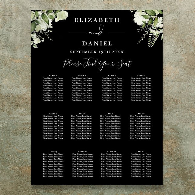 Affiche Plan de table de mariage avec verdure noir et blan (Black And White Greenery Wedding Seating Chart)