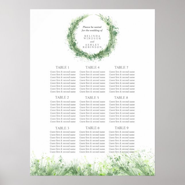 Affiche Plan de table de mariage avec verdure vert sauge (Devant)