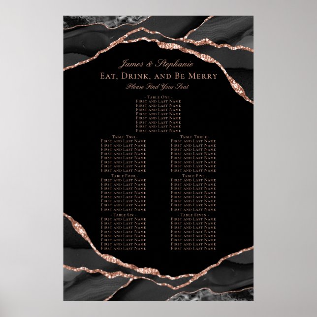 Affiche Plan de table de mariage Black Rose Gold Agate (Devant)