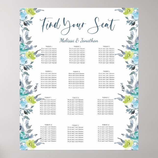 Affiche Plan de table de mariage bleu clair jaune vert (Devant)