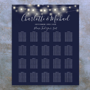 Affiche Plan de table de mariage bleu marine Guirlande lum