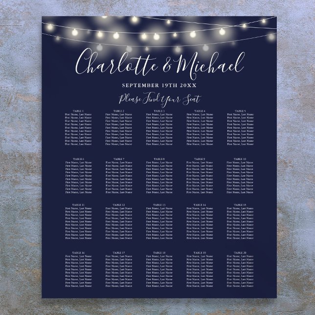 Affiche Plan de table de mariage bleu marine Guirlande lum (String Lights Navy Blue Wedding Seating Chart)