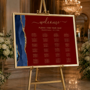 Affiche Plan de table de mariage bleu marine or agate bord