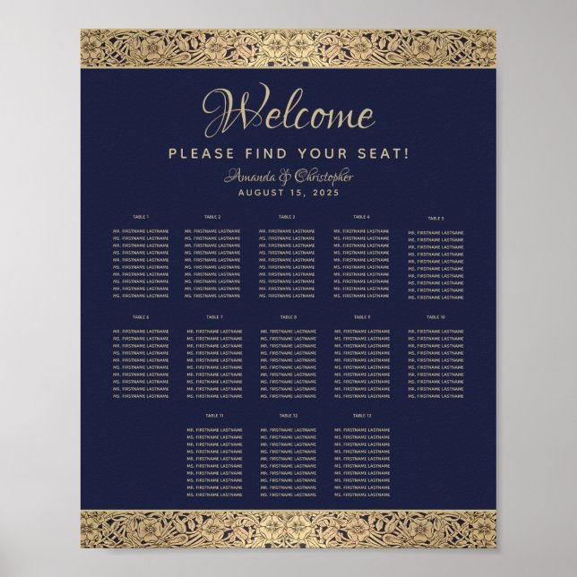 Affiche Plan de table de mariage bleu marine or rose 13 ta (Devant)