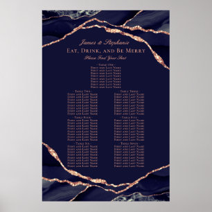 Affiche Plan de table de mariage bleu marine or rose agate