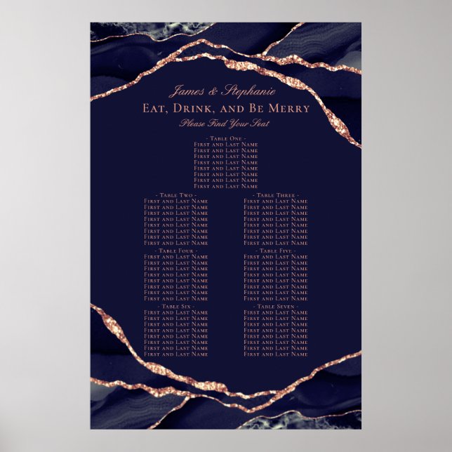 Affiche Plan de table de mariage bleu marine or rose agate (Devant)