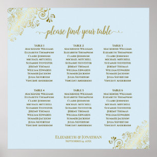 Affiche Plan de table de mariage bleu poudré et or à 6 tab