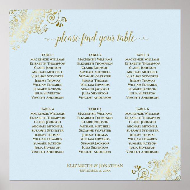 Affiche Plan de table de mariage bleu poudré et or à 6 tab (Devant)