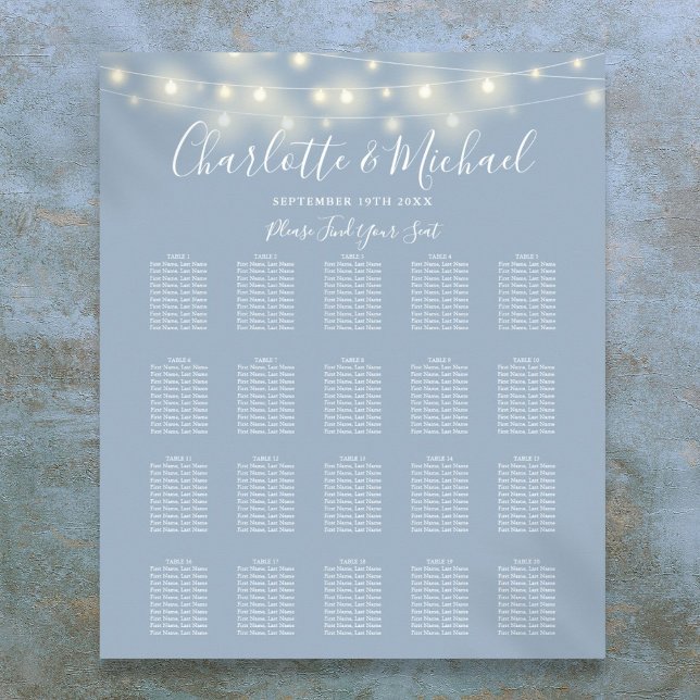 Affiche Plan de table de mariage bleu poussiéreux avec gui (String Lights Dusty Blue Wedding Seating Chart)