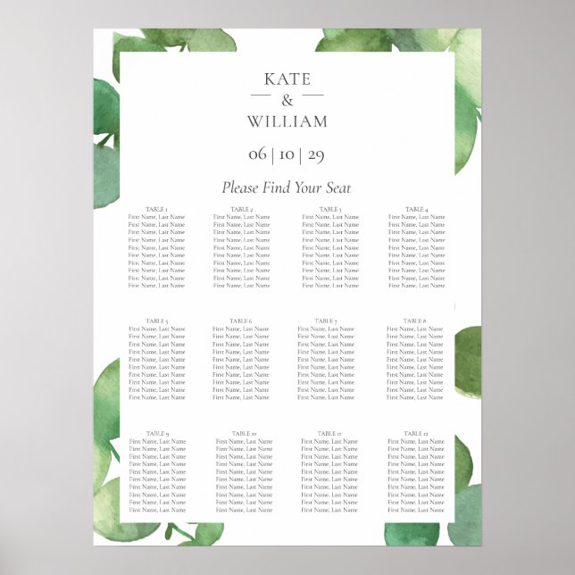 Affiche Plan de table de mariage bohème à la verdure d'euc (Devant)
