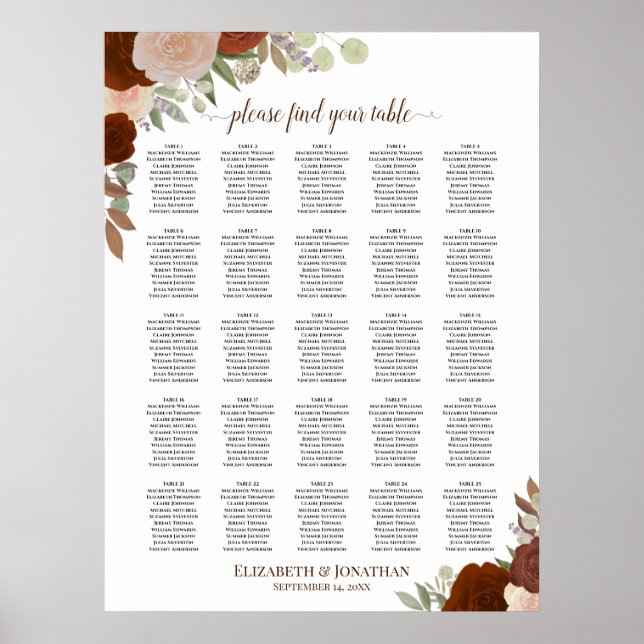 Affiche Plan de table de mariage Bohème avec 25 tables et  (Devant)