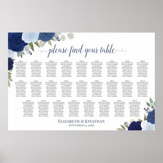 Affiche Plan de table de mariage Bohème Bleu 26 tables Ros (Devant)